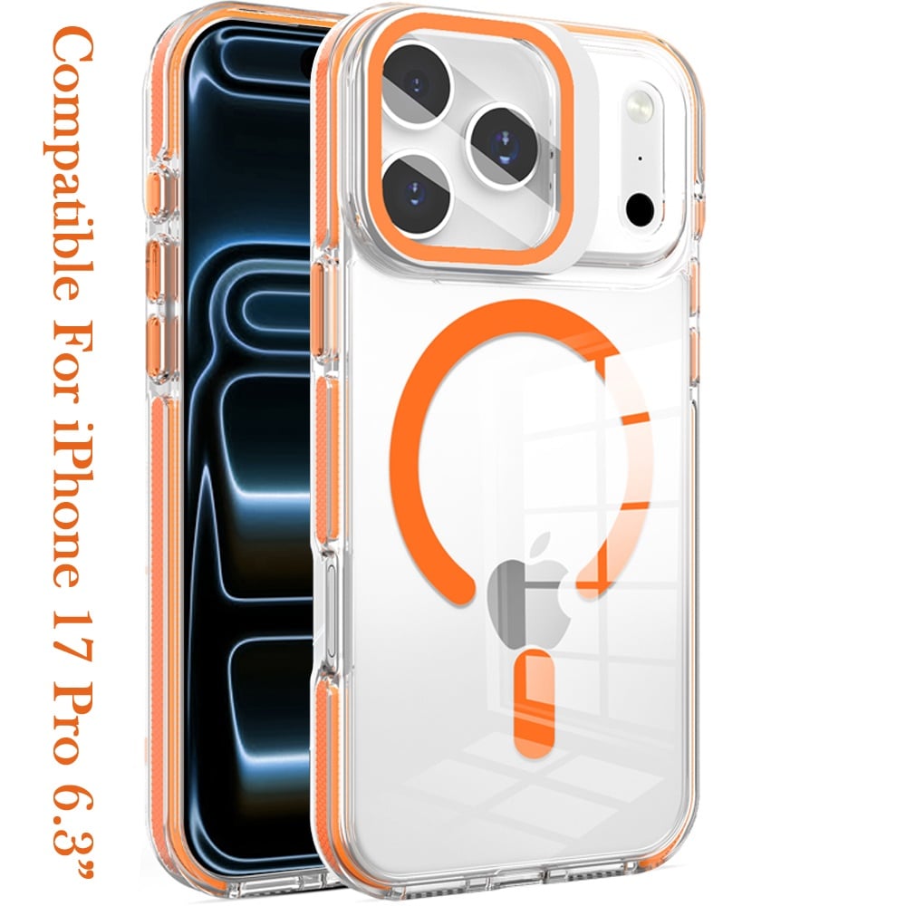 Phone Case for Apple iPhone 17 Pro Magnetic Transparent Tough Hybrid Camera Guard Stand Shockproof Color Edge Rugged Grip Durable Cover Cosmic Orange