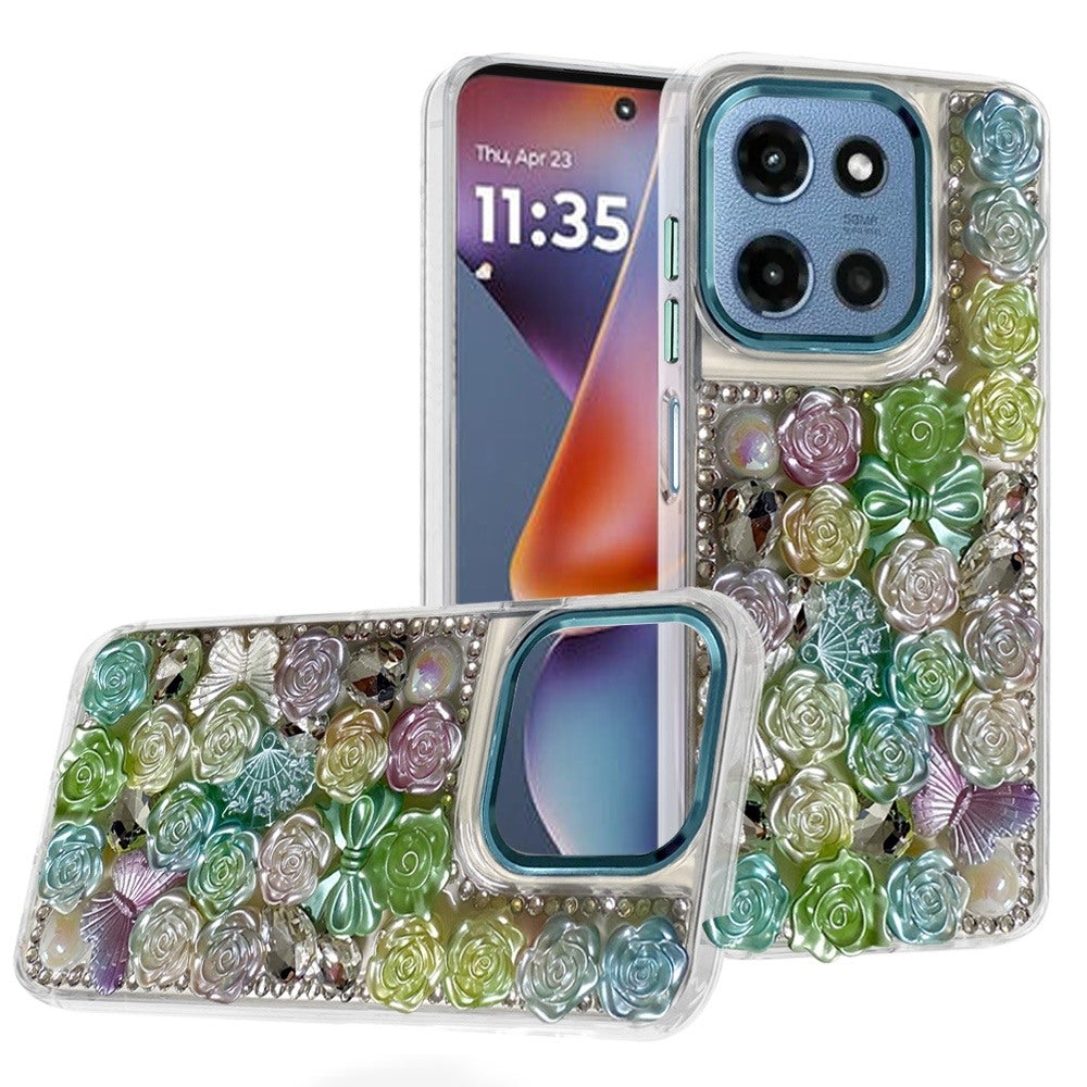 For Samsung Galaxy A57 3D Diamond Floral Roses Flower Bling Stone Hybrid, Sparkly Rhinestone Gemstone Back Shockproof Case Cover