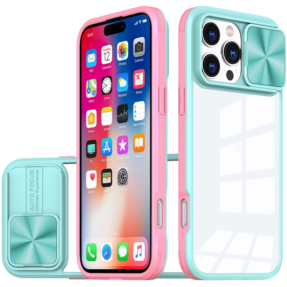 For Apple iPhone 16 Pro Hybrid Cases with Sliding Camera Cover Transparent Shockproof Bumper TPU Protective Case Cover Pink/Blue