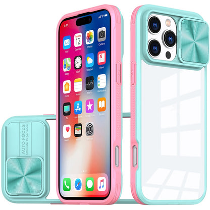 For Apple iPhone 16 Pro Hybrid Cases with Sliding Camera Cover Transparent Shockproof Bumper TPU Protective Case Cover Pink/Blue