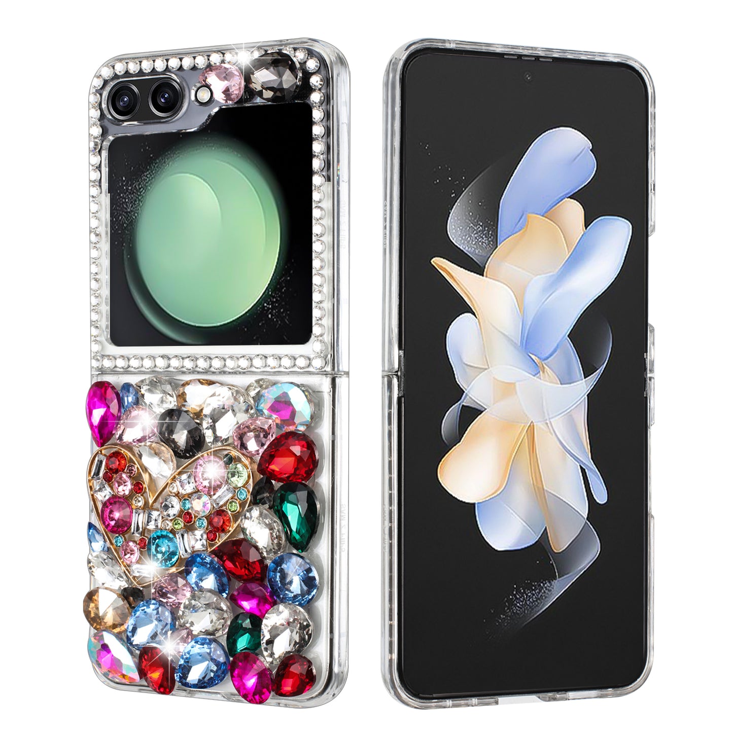 For Samsung Galaxy Z Flip 7 FE Bling Crystal 3D Full Diamonds Luxury Sparkle Rhinestone Hybrid Protective Case Cover Colorful Heart