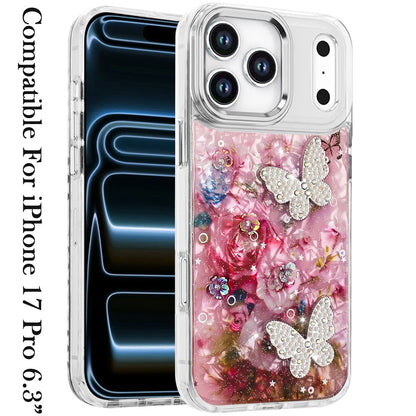 For Apple iPhone 17 Pro (6.3") Epoxy Glitter Flowers Bling 3D Butterfly Fashion TPU Hybrid with Shockproof Protection Case Cover