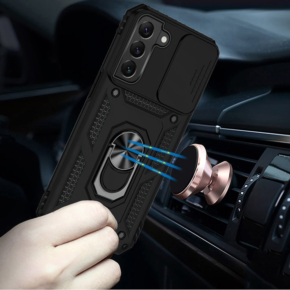 For Samsung Galaxy S21 Ultra Shockproof Edge Bumper with Stand, Camera Lens Protection & 360° Rotate Ring Kickstand Case Cover