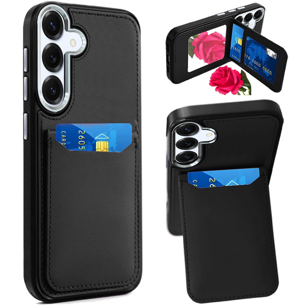 For Samsung Galaxy A16 PU Leather Wallet Cover with Credit Card Holder, Kickstand & Mirror Inside Slim Fit TPU & PC Hybrid Design Case Cover