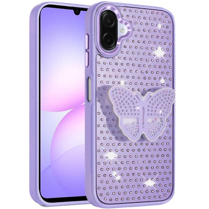 For Samsung Galaxy A07 Butterfly Moveable Grip 3D Pop Stand Full Diamond Bling Sparkling TPU Fashion Hybrid Case Cover