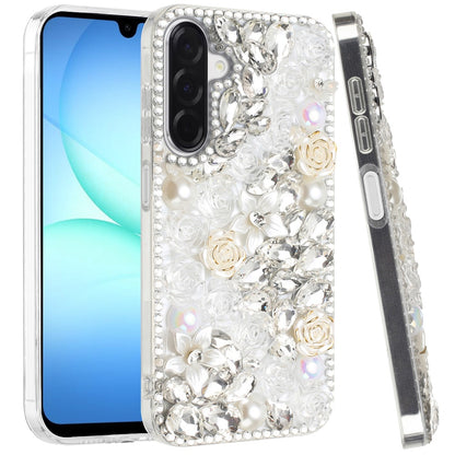 For Samsung Galaxy S25 Fan Edition /Galaxy S25 FE Fashion Rose Flower Floral Bling Crystal 3D Full Diamonds Pearl Sparkle Rhinestone Glitter Hybrid Case Cover