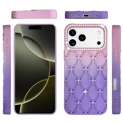 For Apple iPhone 17 Pro (6.3") Fashion Flower Design Sparkle Glitter Shimmer Rhinestone Bling Floral Accents, Leather Texture TPU Case Cover
