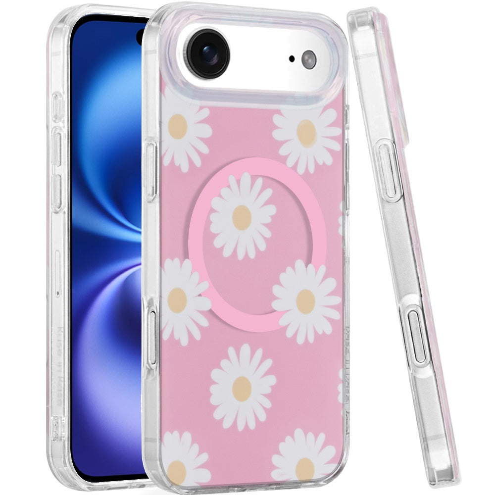 For Apple iPhone 17 Stylish Pattern Fashion IMD Printed Design TPU Double Layer Slim Shockproof with Magnetic Back Case Cover Daisy Aster Flower