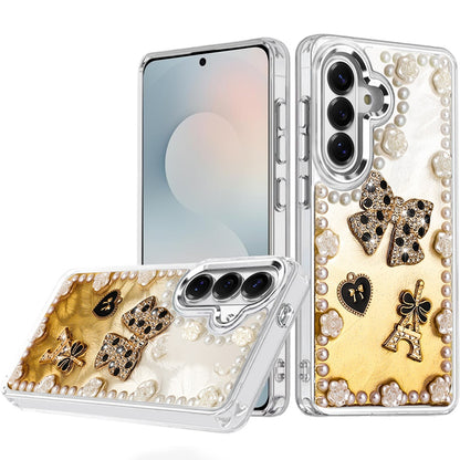 For Samsung Galaxy S25 FE, S25 Fan Edition Bling Fashion Design with 3D Pearls Epoxy Glitter Ornaments Chrome Edge Hard Slim PC Case Cover