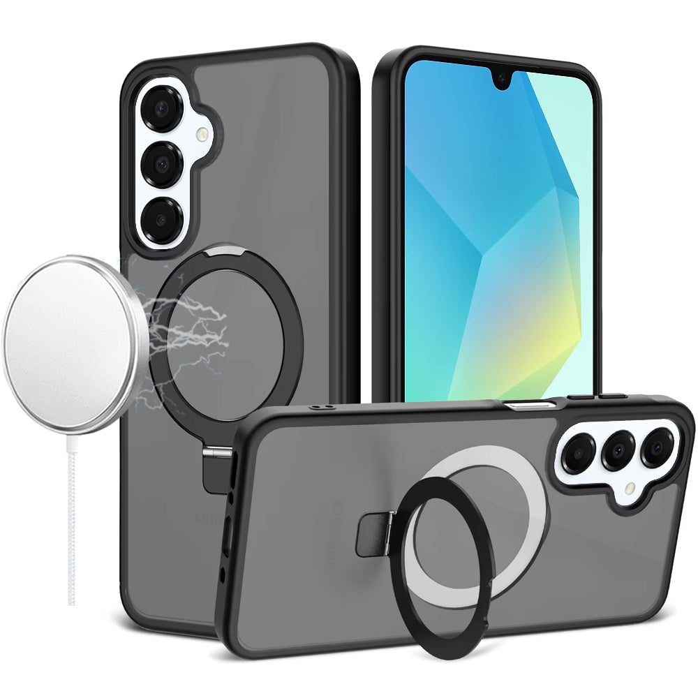 For Samsung Galaxy A16 5G Magnetic Circle Back with Ring Stand Full Rotation Matte Hybrid Shockproof Case Cover Black