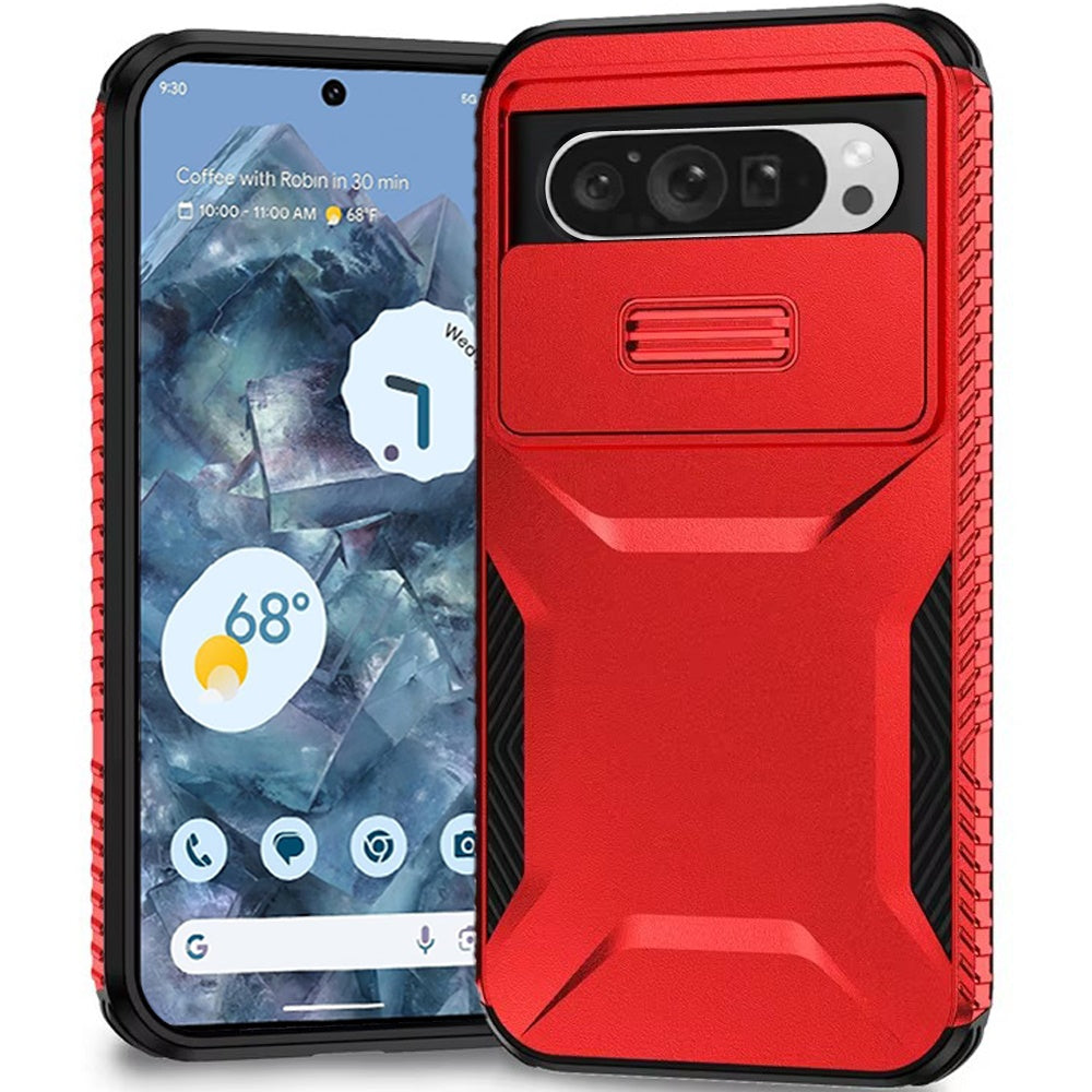 For Google Pixel 9 Pro XL Slim Fit Shockproof Hybrid with Slide Camera Window Covering, Rugged Tpu Silicone Hard PC Bumper Case Cover