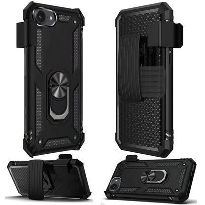 For Apple iPhone 17E /16E Hybrid Combo Belt Clip Holster with Ring Stand Holder, Military Grade Fit Magnetic Car Mount Shockproof Case Cover Black
