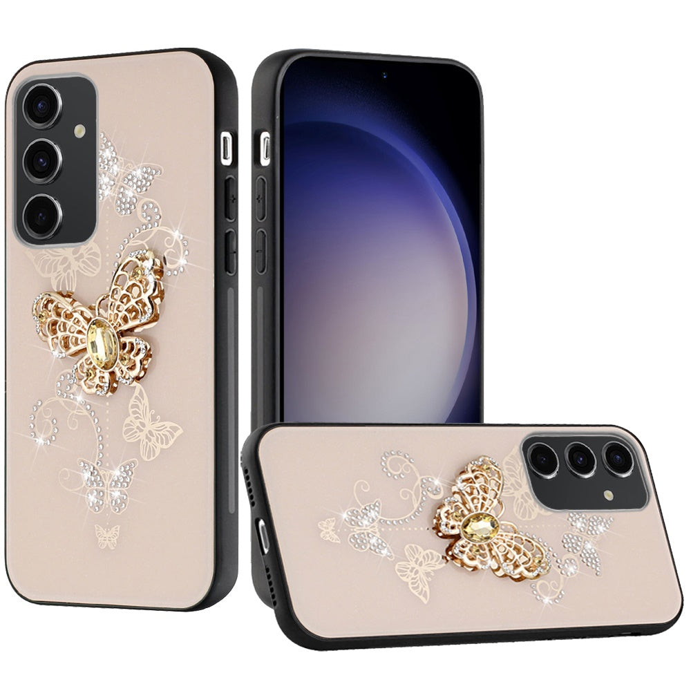 For Samsung Galaxy S24 FE Diamonds 3D Butterfly Bling Sparkly Glitter Ornaments Engraving Hybrid Metal Fashion Case Cover Gold Garden Butterflies