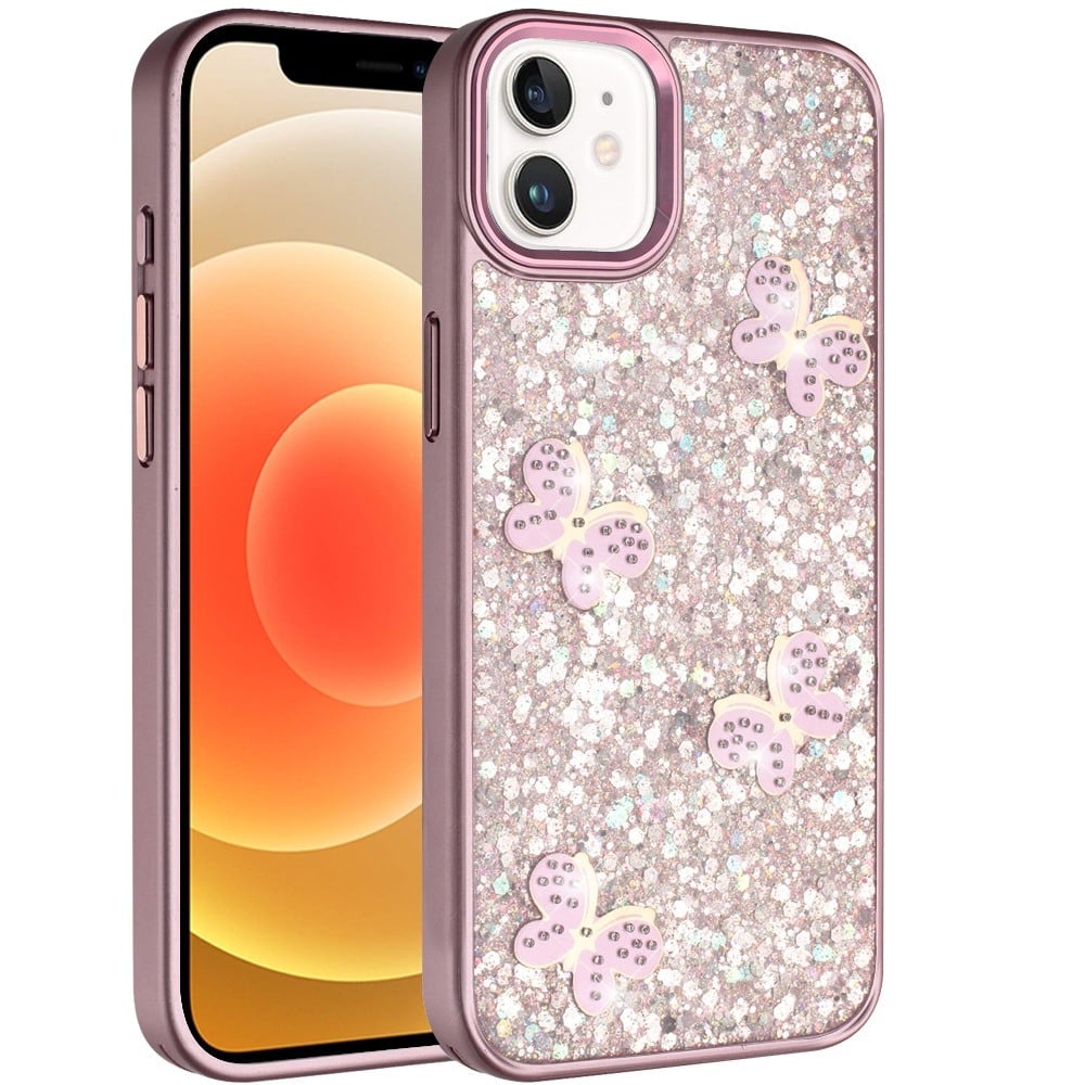 For iPhone 12 / iPhone 12 Pro (6.1") Cute Butterfly Crystal Diamond Glitter Case Sparkle Bling Frame Metallic Edges, Shimmer TPU Hybrid Case Cover