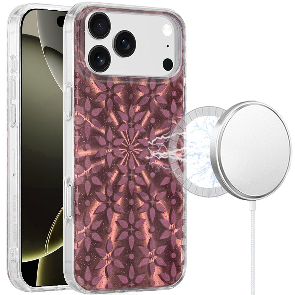 For Apple iPhone 17 Pro Stylish Pattern Fashion IMD Printed Design TPU Double Layer Slim Shockproof with Magnetic Back Case Cover Flowers Mandala Brown