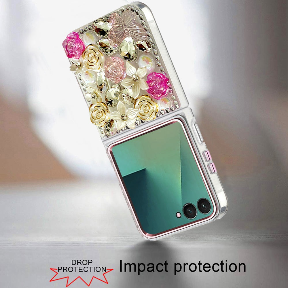 For Samsung Galaxy Z Flip 7 3D Diamond Floral Roses Flower Bling Stone Hybrid, Sparkly Rhinestone Gemstone Back Shockproof Case Cover