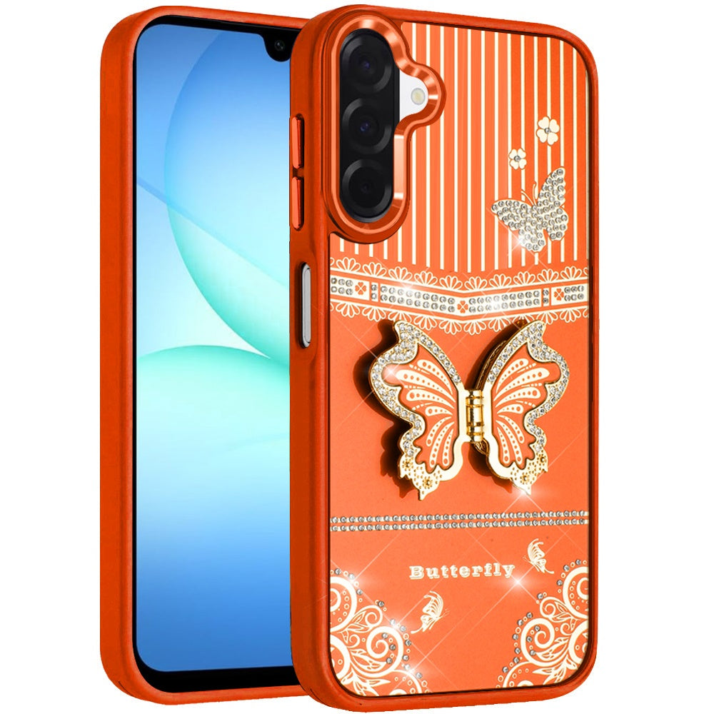 For Samsung Galaxy A17 5G Glitter 3D Butterfly Design Bling Metallic Edge Hybrid Stand Drop Protection TPU Shockproof Case Cover