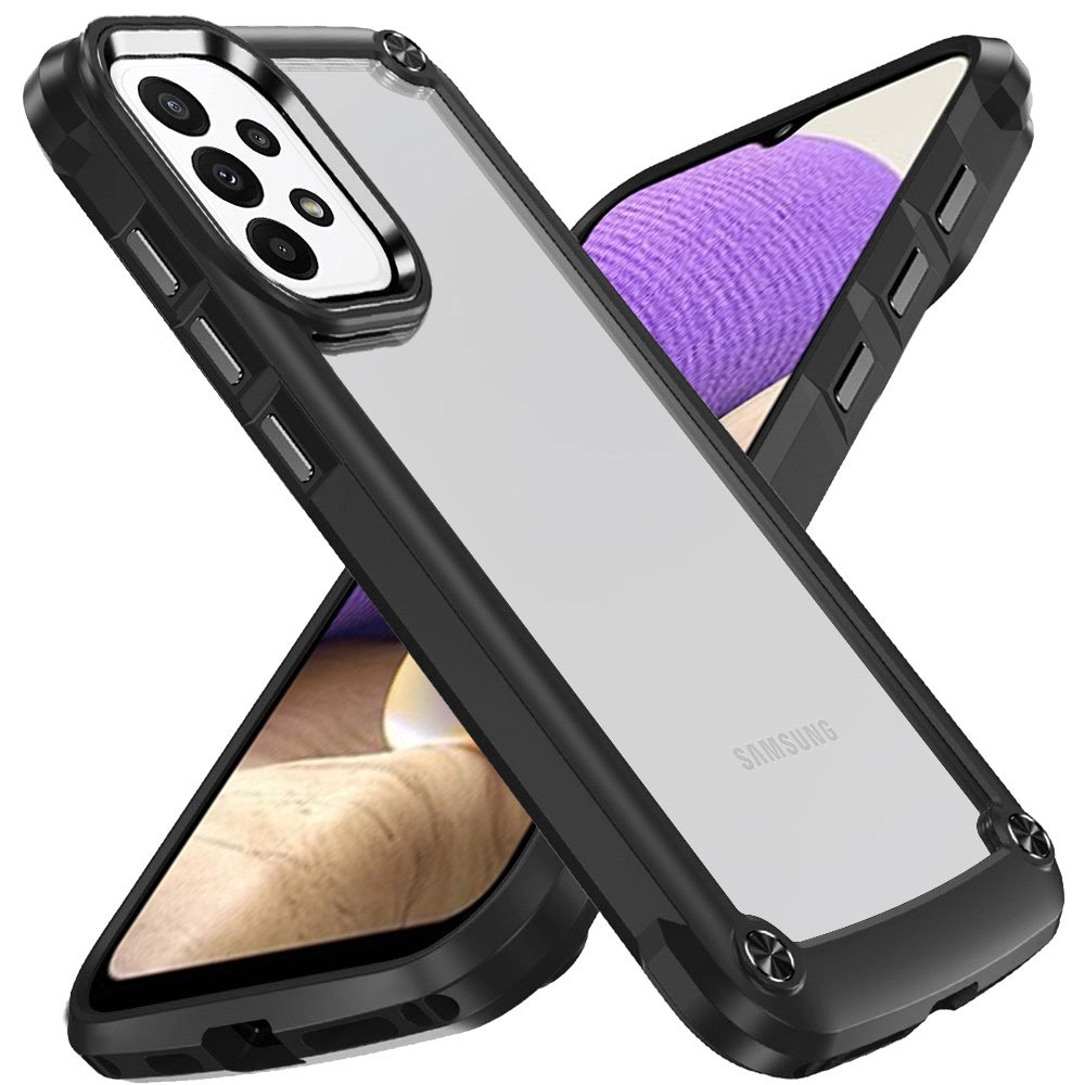 For Samsung Galaxy A32 5G Hybrid Transparent Rubber with Metal Buttons & Camera Edges Hard TPU Corner Frame Bumper Case Cover Black