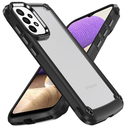 For Samsung Galaxy A32 5G Hybrid Transparent Rubber with Metal Buttons & Camera Edges Hard TPU Corner Frame Bumper Case Cover Black