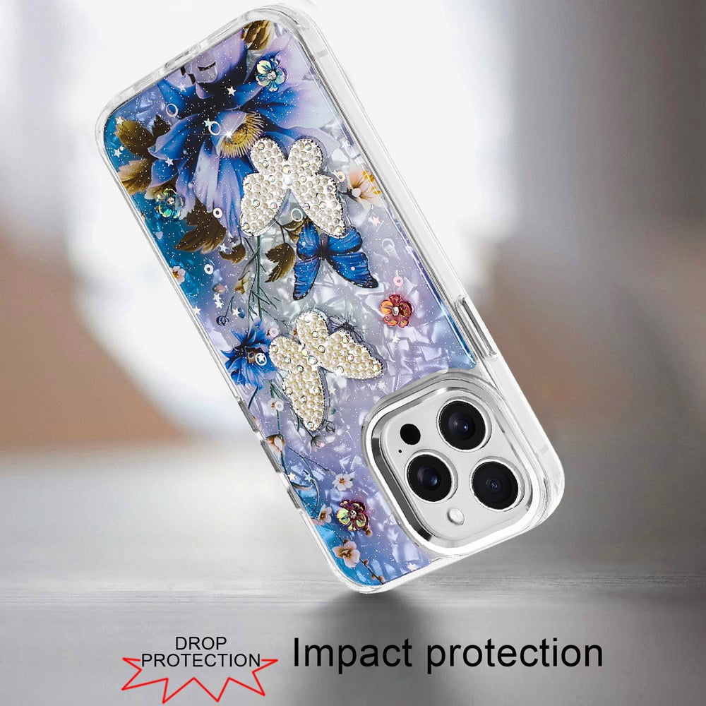For Apple iPhone 17E /16E Epoxy Glitter Flowers Bling 3D Butterfly Fashion TPU Hybrid with Shockproof Protection Case Cover
