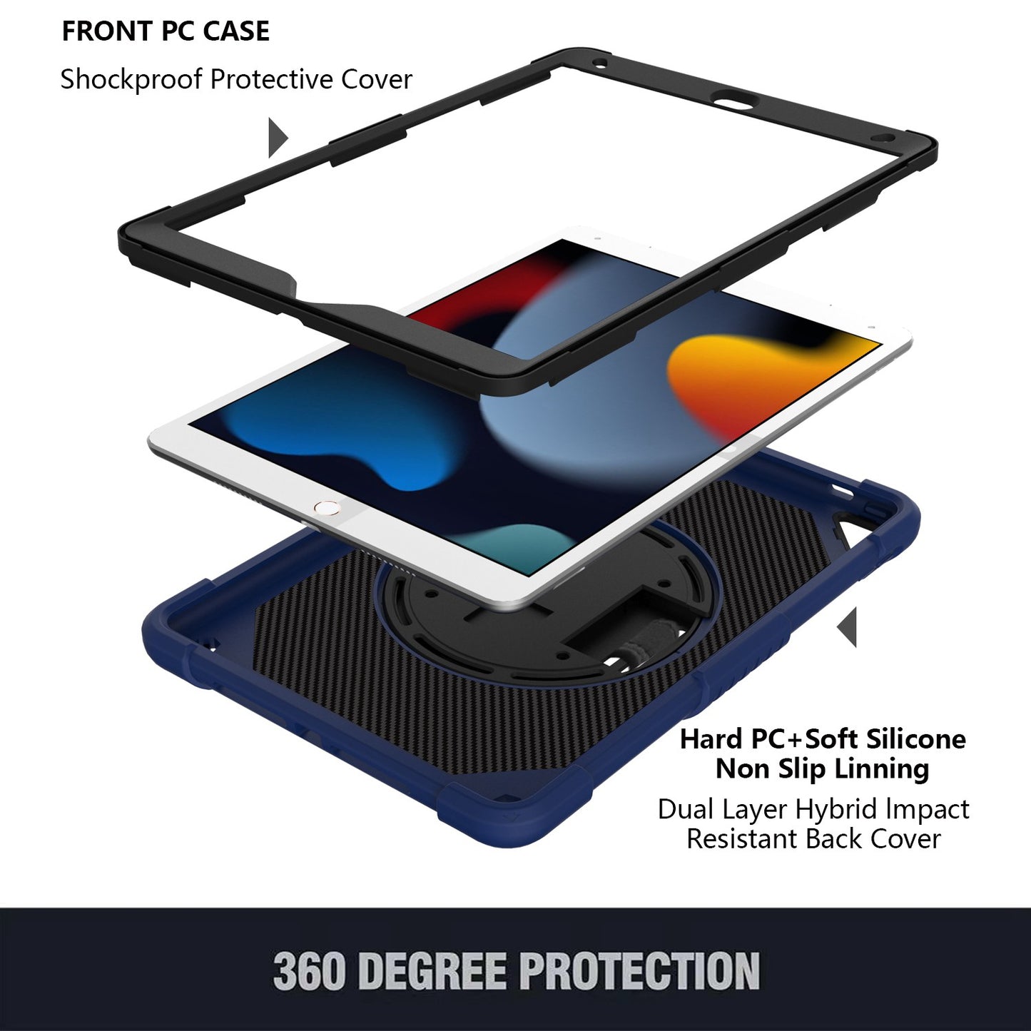 For 3-in-1 Tough Hybrid Shockproof Protector Silicone TPU with Pencil Holder, Kickstand, Hand & Shoulder Strap Blue Tablet Case Cover