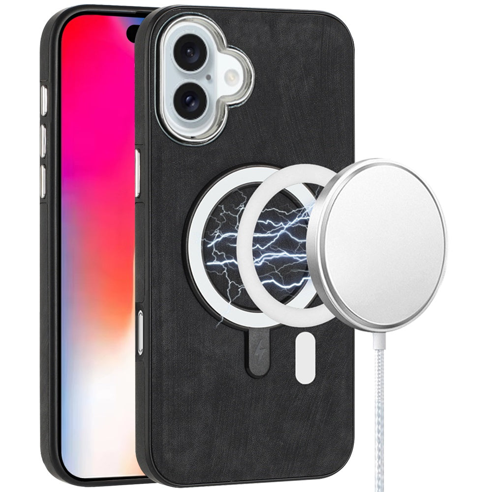 For Apple iPhone 17 Fashion PU Vegan Leather Chrome Edge Hybrid, MagSafe Compatible, Durable TPU Hard PC Case Cover Black