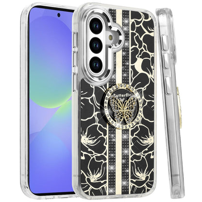 For Samsung Galaxy A36 Diamonds 3D Butterfly Floral Design Bling Sparkly Glitter Hybrid Metal Fashion with Ring Stand Case Cover