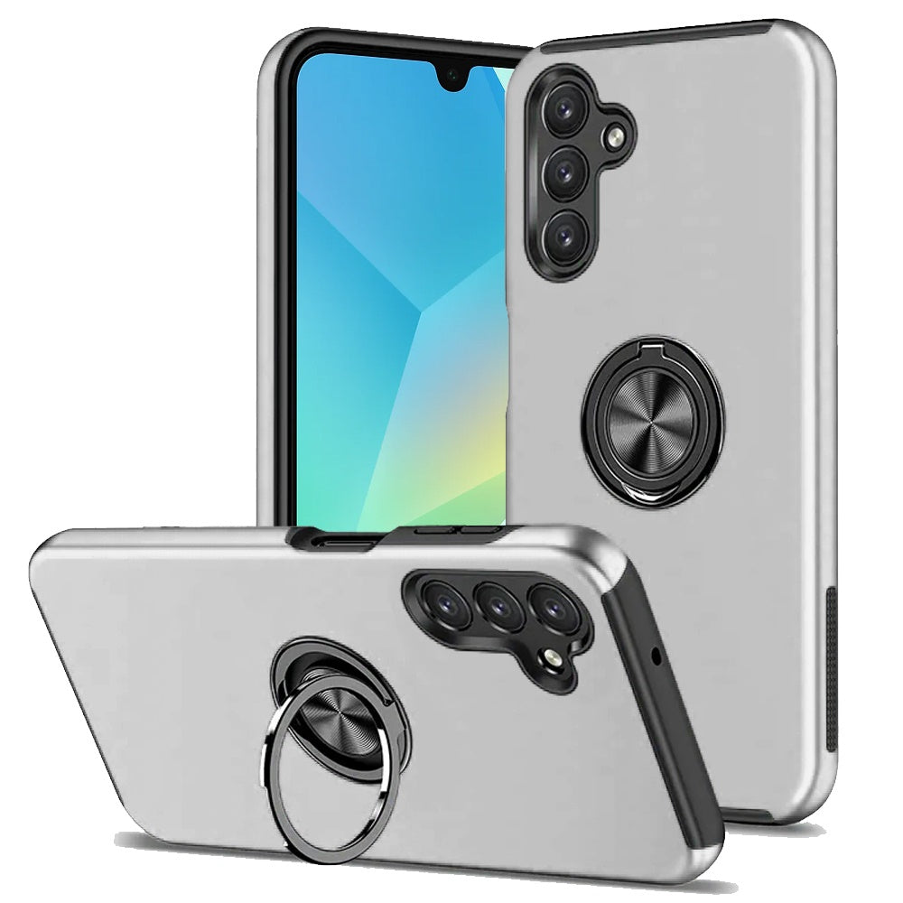 For Samsung Galaxy A16 5G Hybrid 360 Degree Rotatable Metal Invisible Ring Stand Holder Slim Fit Magnetic Car Mount Shockproof Case Cover Silver