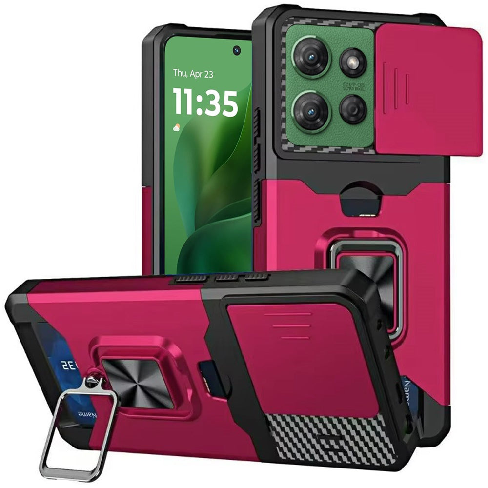 For Samsung Galaxy A26 Wallet Case with Ring Stand & Slide Camera Cover Back Credit Card Slot Holder, Military Grade Case Cover Hot Pink