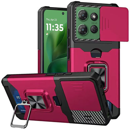 For Motorola Moto G 5G /Moto G 2025 Wallet Case with Ring Stand & Slide Camera Cover Back Credit Card Slot Holder, Military Grade Case Cover Hot Pink