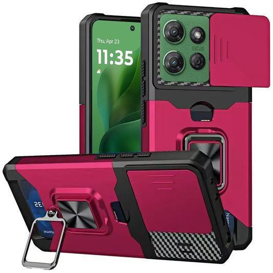 For Motorola Moto G 5G /Moto G 2025 Wallet Case with Ring Stand & Slide Camera Cover Back Credit Card Slot Holder, Military Grade Case Cover Hot Pink