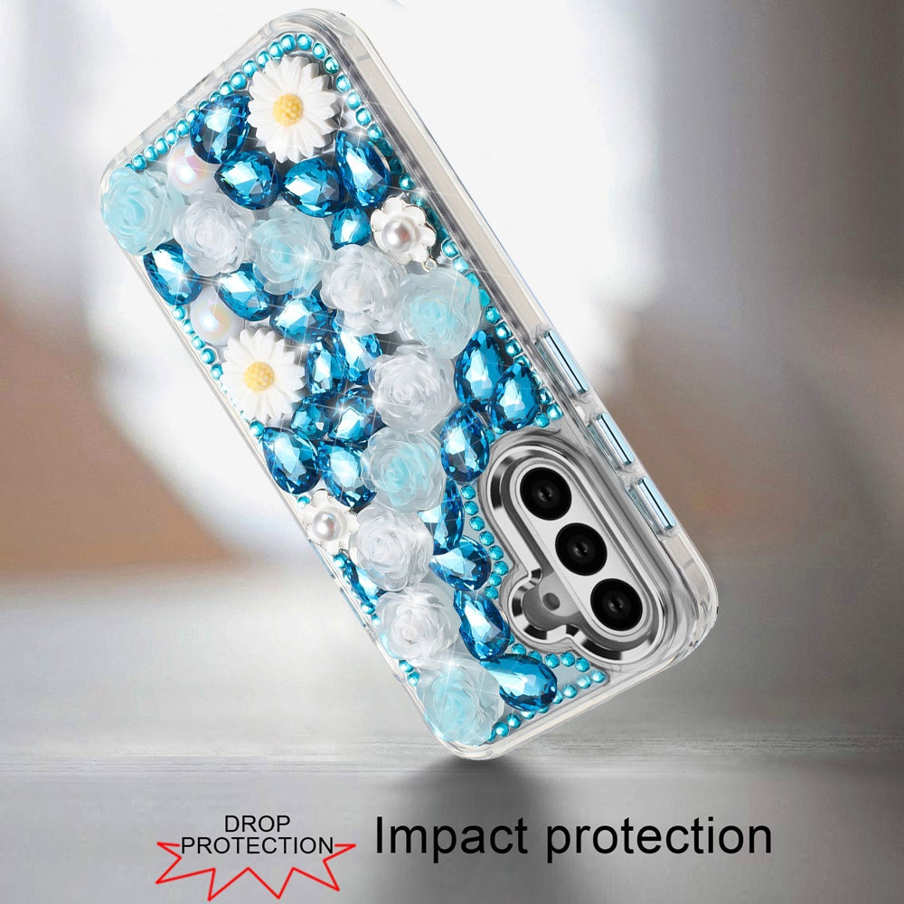 For Samsung Galaxy S23 Fashion Daisy Floral Series, Full 3D Bling Crystal Diamonds Sparkling Rhinestone Glitter Hybrid Design Case Cover Blue