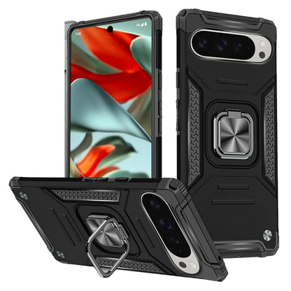 For Google Pixel 9 Pro XL Armor Hybrid Magnetic Stand with Ring Holder Kickstand Shockproof Heavy-Duty Durable Rugged TPU Dual Layer Case Cover Black