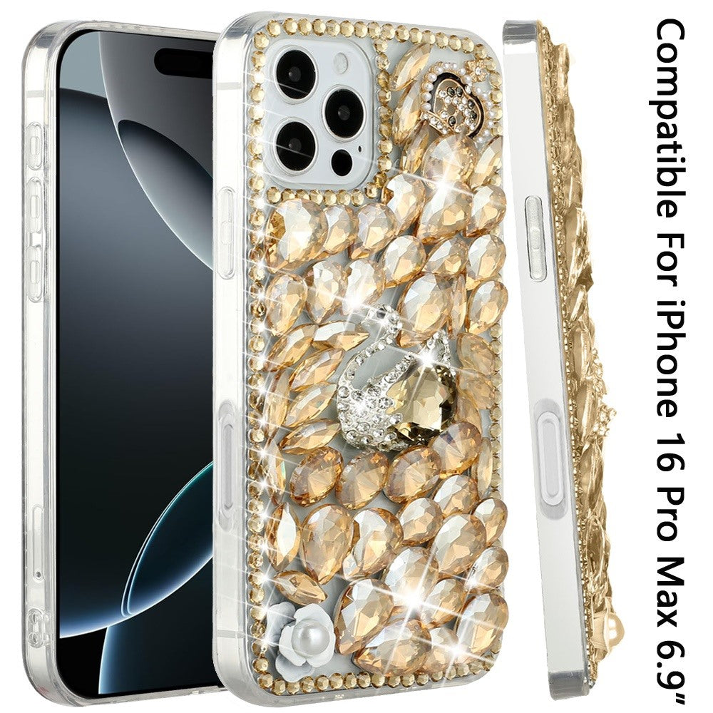 For Apple iPhone 16 Pro Max (6.9") Bling Crystal 3D Full Diamonds Luxury Sparkle Rhinestone Hybrid Protective Case Cover