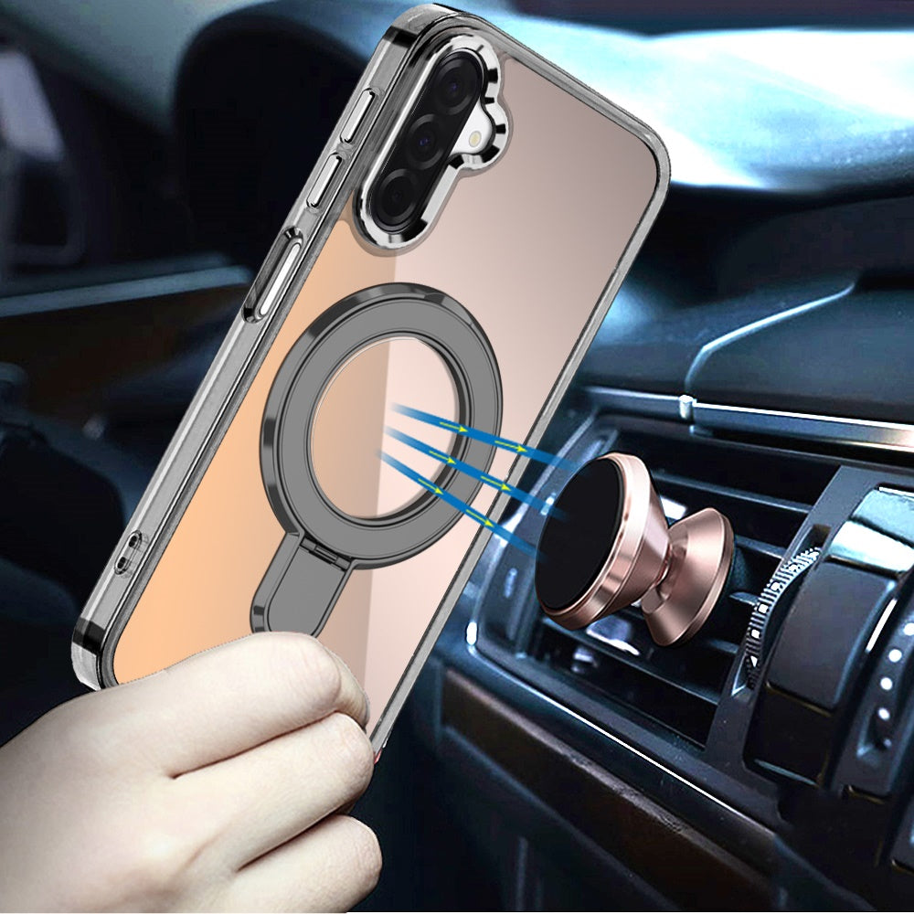 For Samsung Galaxy A17 5G Chrome Hybrid with Rotating Magnetic Circle Ring Stand, Slim Shockproof Hybrid Case Cover Cosmic Orange