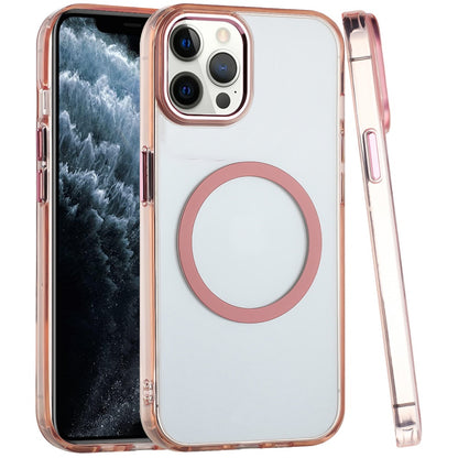 For Apple iPhone 11 Pro Max Transparent Back Hybrid Case - Magnetic Circle, Color Frame, Metal Buttons, MagSafe Compatible Case Cover
