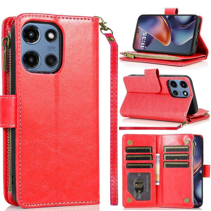 For Motorola Moto G Stylus 5G 2025 Leather Wallet Case with Zipper, 9 Card Slots, Cash Pocket, Stand & Strap, Clutch Pouch Design Case Cover Red