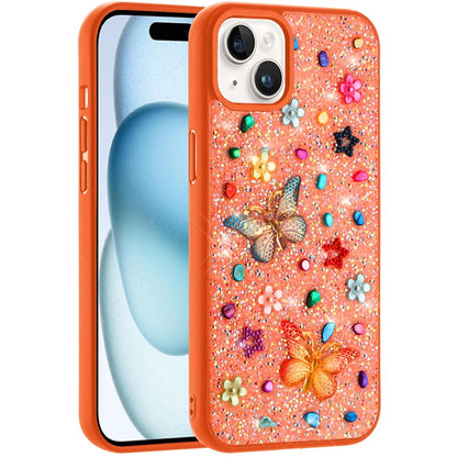 Phone Case for iPhone 15 (6.1") 3D Butterfly Diamond Bling Glitter Shockproof Stylish Protective Luxury Hybrid Sparkly Durable Grip Design Cover Cosmic Orange