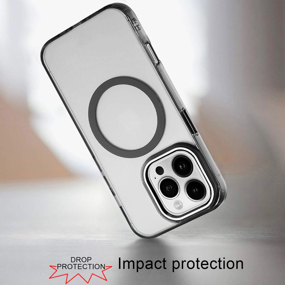For Apple iPhone 16 Pro Transparent Back Hybrid Case - Magnetic Circle, Color Frame, Metal Buttons, MagSafe Compatible Case Cover