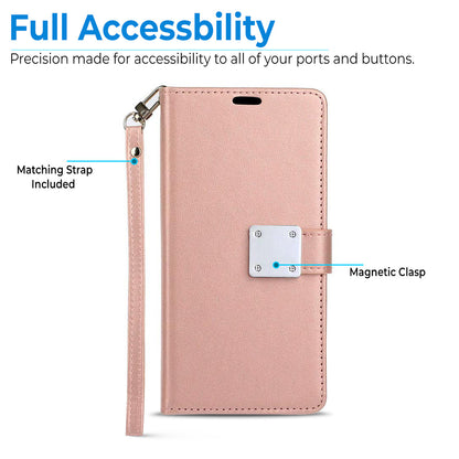 For Motorola Moto G Power 5G 2026 PU leather Wallet 6 Card Slots folio with Wrist Strap & Kickstand Pouch Flip Shockproof Case Cover Rose Gold