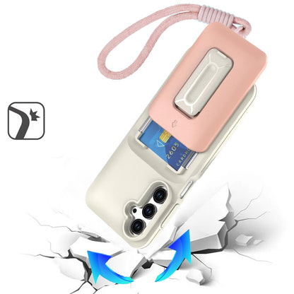 For Samsung Galaxy A16 5G Wallet Case with 2- Credit Card Holder, Wrist Strap & Kickstand Hybrid Shockproof TPU Case Cover Beige+Light Purple