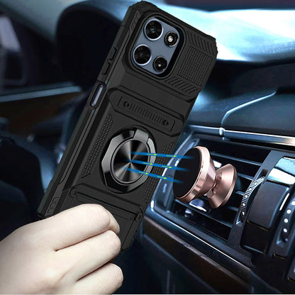 For Motorola Moto G Play 5G 2026 2X Card Slot Metal Ring Stand Hybrid Shockproof Heavy Duty Drop Protection Multi Functional Design Case Cover Black