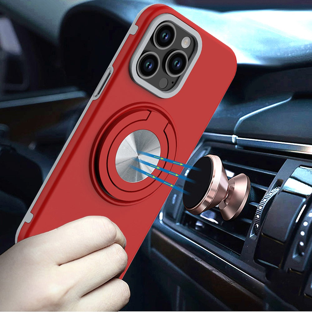 For Apple iPhone 13 Pro Metal Matte Hybrid with Invisible Rotational Ring Stand, Car Mount Friendly, Military Grade Slim Fit Sturdy Case Cover Red
