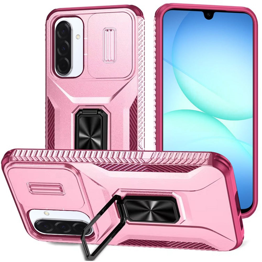 For Samsung Galaxy A17 5G Case, Camera Cover with Magnetic Rotation Ring Stand, Military Grade Hybrid Hard TPU Shockproof Case Cover Pink+Burgundy