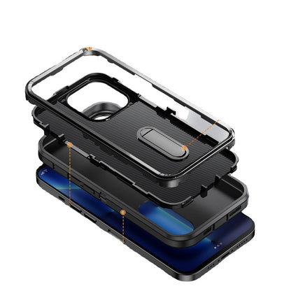 For iPhone XR Hybrid 3 Layers Hard 3in1 Shockproof with Kickstand Heavy Duty Hard TPU Rubber Anti-Drop Case Cover Black +Black
