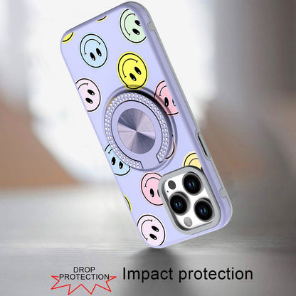 For Apple iPhone 16e Pattern Design Hybrid with Invisible Ring Stand & Magnetic Back, Shockproof Protective Grip Case Cover Emoji Smile Face