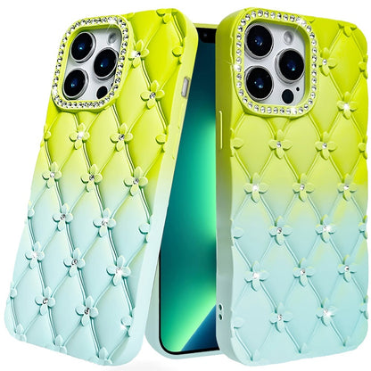 For Apple iPhone 13 Pro Max Fashion Flower Design Sparkle Glitter Shimmer Rhinestone Bling Floral Accents, Leather Texture TPU Case Cover Light Green/Teal