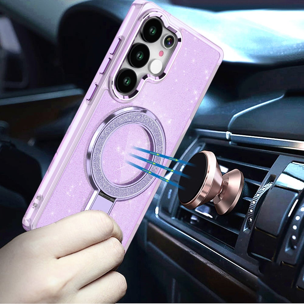 Phone Case for Samsung Galaxy S25 Ultra Colofull Transparent Glitter Magnetic Ring Stand Shockproof Rotating Grip Protective Hybrid Durable Cover Light Purple