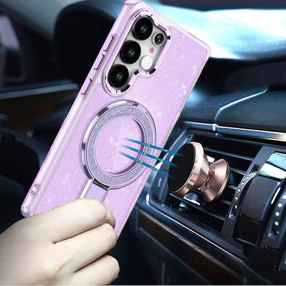 Phone Case for Samsung Galaxy S25 Ultra Colofull Transparent Glitter Magnetic Ring Stand Shockproof Rotating Grip Protective Hybrid Durable Cover Light Purple