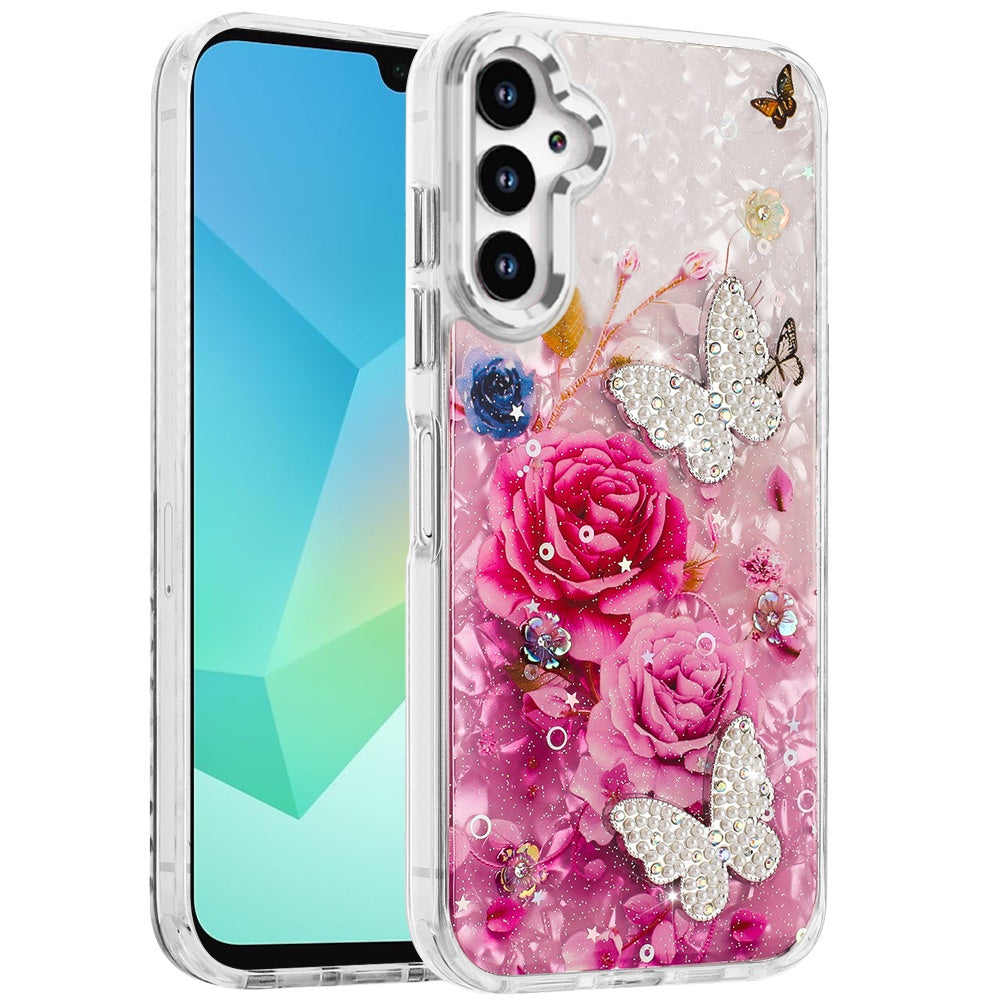 For Samsung Galaxy A36 Epoxy Glitter Flowers Bling 3D Butterfly Fashion TPU Hybrid with Shockproof Protection Case Cover